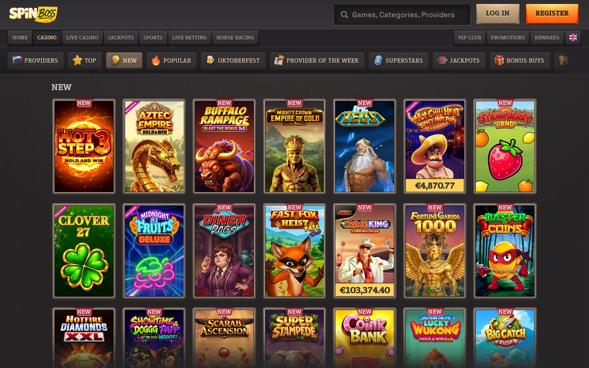 SpinBoss Casino New games shelf with rows of fresh slot tiles