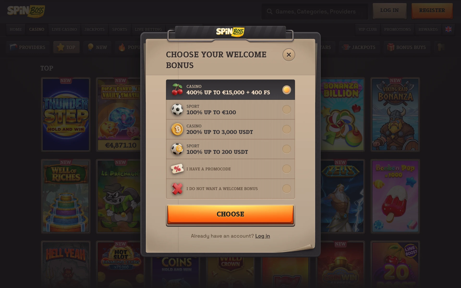 SpinBoss sign-up window where you choose your welcome offer